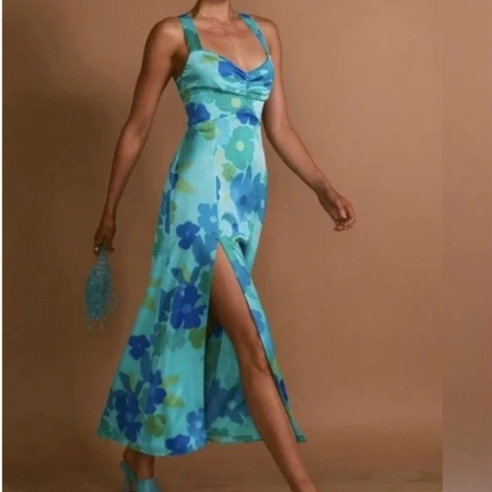NEW NWT Show Me Your Mumu Mina Satin Midi Dress In Blue Piccadilly Floral